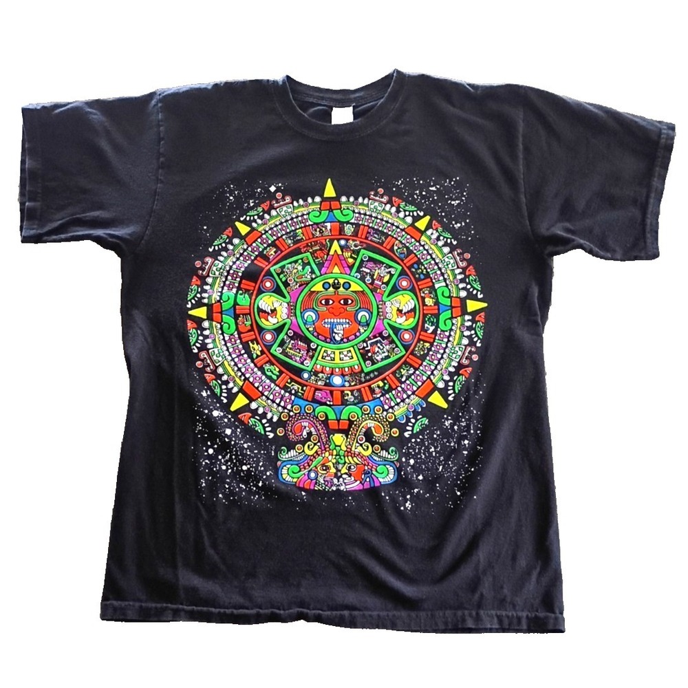 Y2K Mexican Neon Azteca Calendar Sun Stone T-Shirt Black Size XL